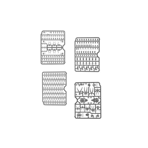 Four plastic model sprues with assorted miniature skull components for tabletop gaming