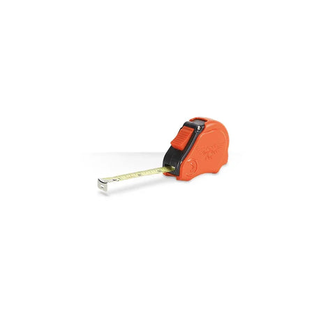 Orange and black plastic tape measure with extended yellow measuring tape