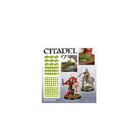 Citadel Colour Verdia Veldt tufts for miniature basing, with example fantasy miniatures.