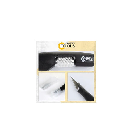 Precision hobby knife with textured grip, close-up blade views, Citadel Tools branding visible