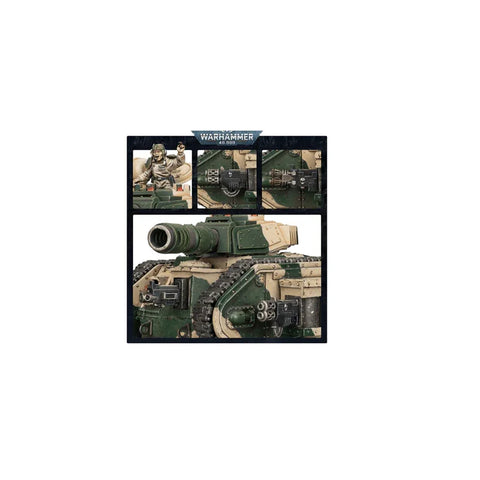 Warhammer 40,000 Astra Militarum Leman Russ Battle Tank model with detailed close-ups