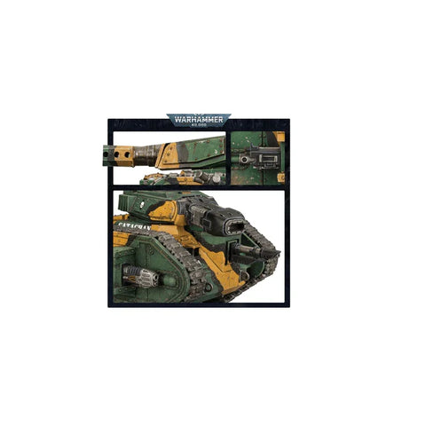 Warhammer 40K Astra Militarum Leman Russ Battle Tank model, green and yellow details
