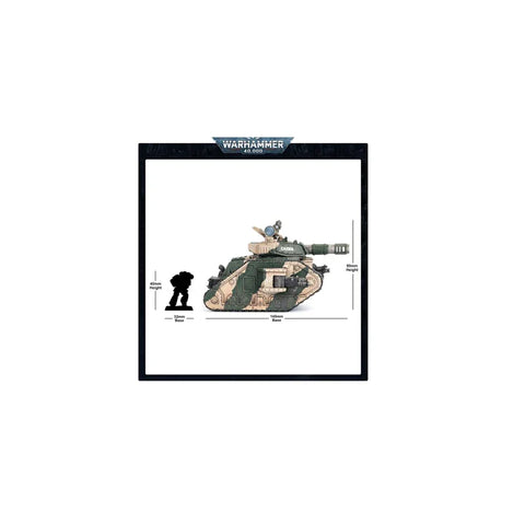 Warhammer 40,000 Astra Militarum Leman Russ Battle Tank miniature with size comparison