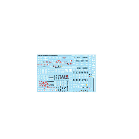 Astra Militarum vehicle transfer sheet with decals, numbers, and symbols for model kits.
