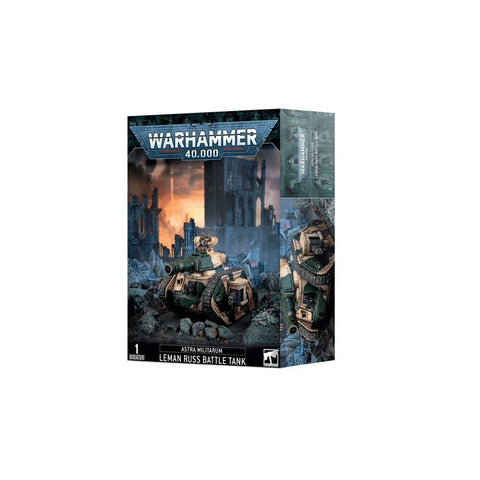Warhammer 40K Astra Militarum Leman Russ Battle Tank model kit box, ruins background
