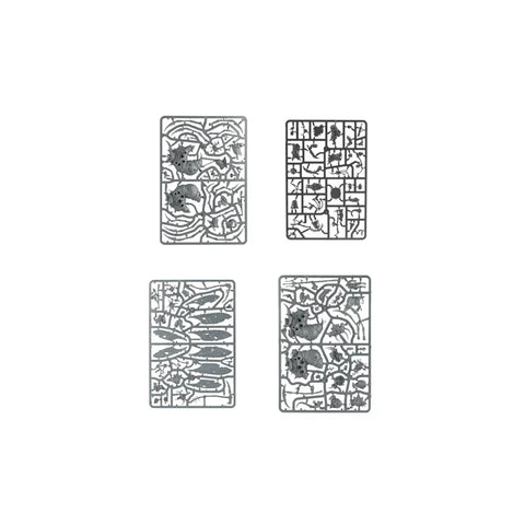 Plastic miniature sprues for fantasy tabletop game models, unassembled on white background