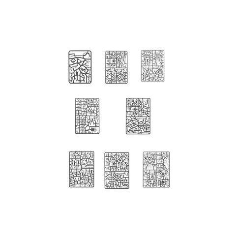 Eight rectangular game tiles with intricate maze designs on white background