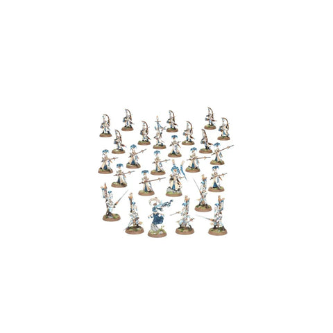 Painted fantasy tabletop miniatures in white and blue armor, arranged in a group formation