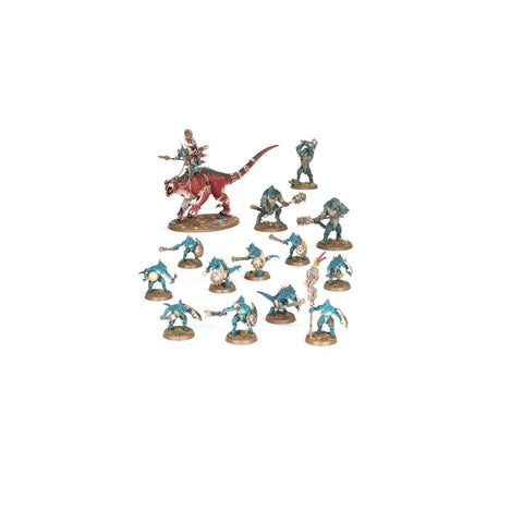 Seraphon miniature set with dinosaur rider and blue lizard warriors, tabletop gaming figures