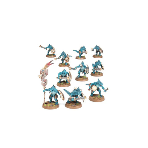 Painted blue dinosaur warrior miniatures with shields and weapons on display base
