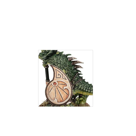 Close-up of a green lizard miniature with bronze shield, fantasy tabletop game figure
