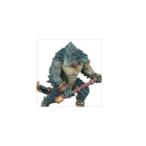Detailed Seraphon lizardman miniature figure holding a weapon, fantasy tabletop game model