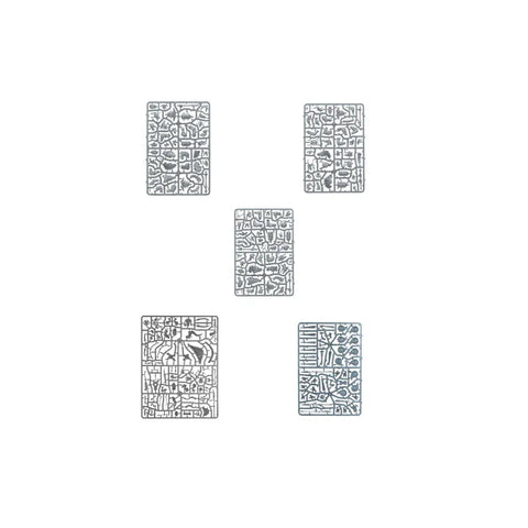 Five rectangular textured gaming bases with ancient stone patterns for tabletop miniatures