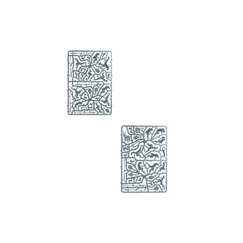 Two plastic model kit sprues with miniature parts on a white background