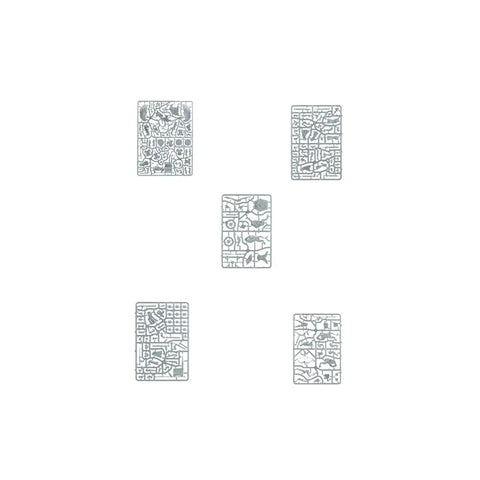 Five plastic miniature model sprues for tabletop gaming on a white background.