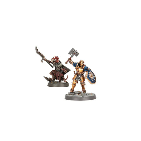 Warhammer Age of Sigmar painted fantasy miniatures, armored knight vs. chaos warrior figures