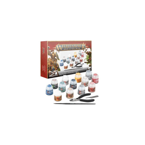 Warhammer Age of Sigmar paints and tools set with paint pots, brushes, and cutters