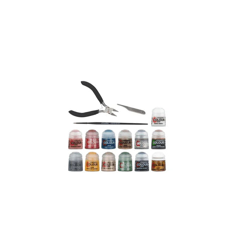 Model painting kit with hobby paints, brush, pliers, and tweezers for miniatures