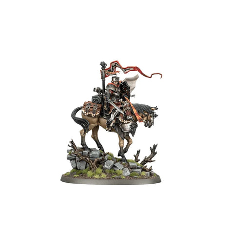 Painted fantasy miniature of armored knight on horse holding banner, detailed collectible figure