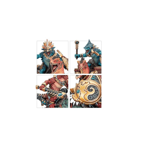 Seraphon Aggradon Lancers fantasy miniature figures, detailed lizard riders and ornate armor.