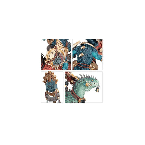 Detailed close-ups of Seraphon Aggradon Lancers fantasy miniatures, featuring armor and creature design