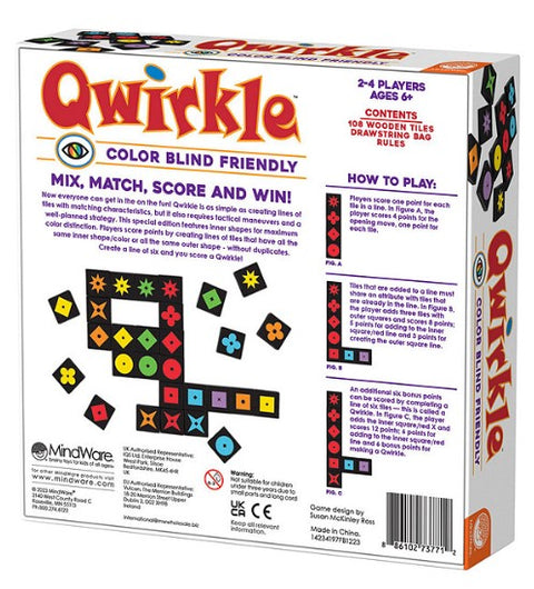Qwirkle board game box, color blind friendly, for 2-4 players ages 6+, featuring wooden tiles and strategy gameplay