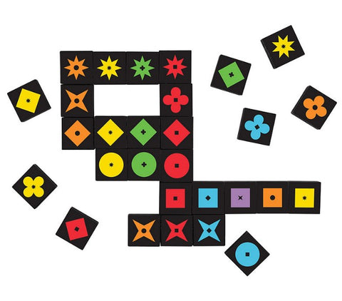 Colorful pattern-matching tile game with geometric shapes and vibrant symbols for kids and families