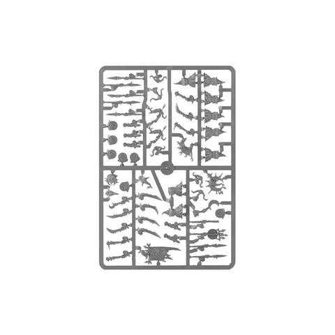 Plastic sprue with parts for fantasy tabletop game miniatures on white background