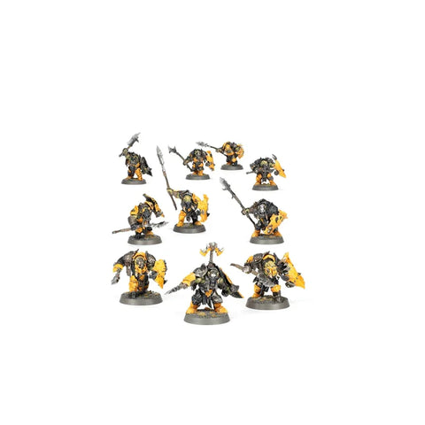 Orruk Warclans Ardboys miniatures set with yellow armor and weapons, tabletop wargame figures