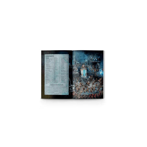 Open Warhammer Battletome showing contents page and fantasy battle illustration