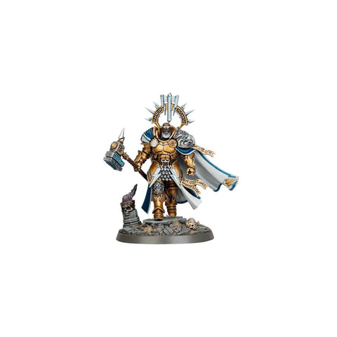 Stormcast Eternals Bastion Carthalos fantasy miniature figure with gold armor and hammer