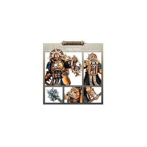 Warhammer Age of Sigmar Knight Relictor miniatures, gold armored warrior with skull symbols