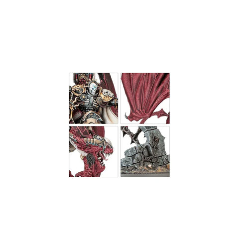 Fantasy miniature with armored warrior, red dragon, wing, and stone base details