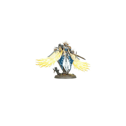 Stormcast Eternals fantasy miniature with flaming wings and sword on display base