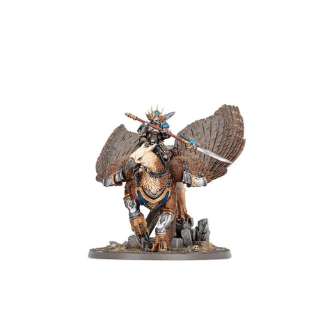 Fantasy miniature figure of armored warrior riding a large winged beast, collectible toy