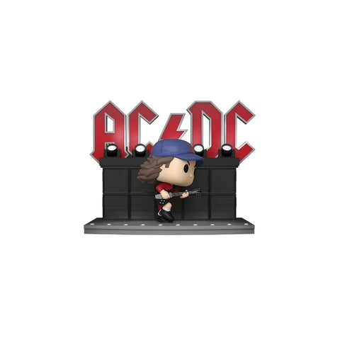 Collectible figure of guitarist with guitar on stage, AC/DC logo backdrop, toy display.