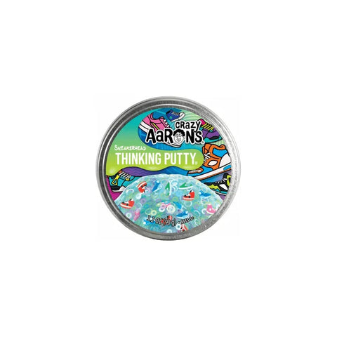 Tin of Crazy Aaron's Sneakerhead Thinking Putty with colorful sneaker art lid