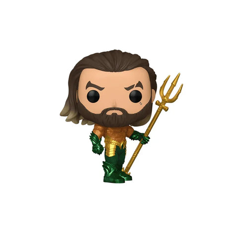 Aquaman Pop Vinyl figure holding golden trident, collectible toy with green and gold armor