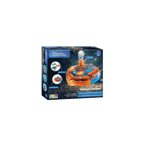STEM robotic vacuum cleaner toy kit in box with orange and blue design on white background