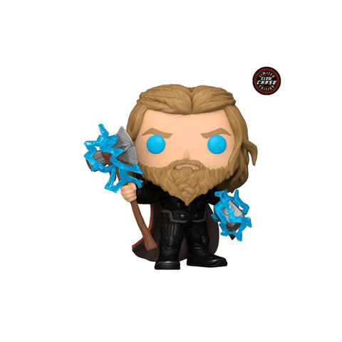 Thor collectible vinyl figure with blue lightning, holding axe, on white background