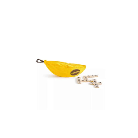 Bananagrams word game with yellow banana pouch and letter tiles on white background