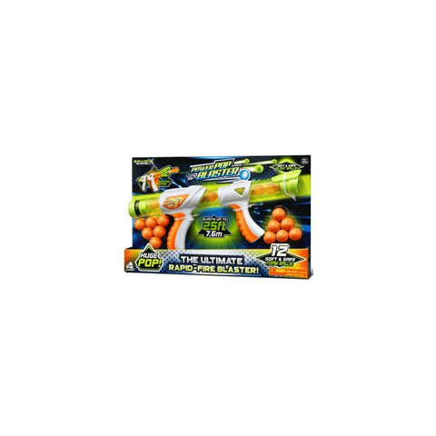 Toy blaster gun set with 12 orange foam balls, rapid-fire action, displayed in packaging.
