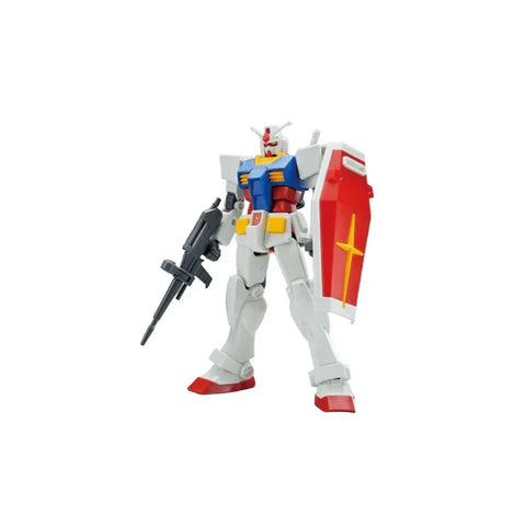 RX-78-2 Gundam model kit standing with rifle and red shield, colorful mecha toy figure