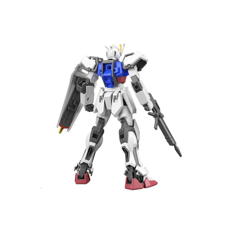 1/144 scale Strike Gundam model kit with shield and rifle, rear view, on white background