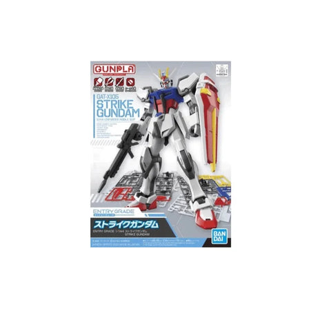 Strike Gundam 1/144 model kit box featuring robot toy with shield and rifle