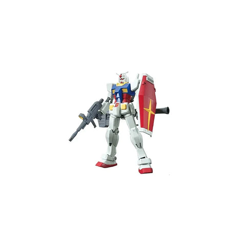 Gundam action figure model kit with rifle and red shield, collectible toy on white background