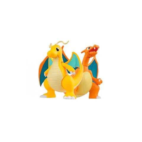 Pokemon Charizard and Dragonite model kits, orange dragon toys with wings, on white background