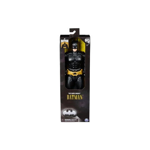 The Dark Knight Batman action figure in black costume with yellow belt, displayed in box