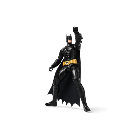 Black Batman action figure with cape and yellow utility belt in dynamic pose
