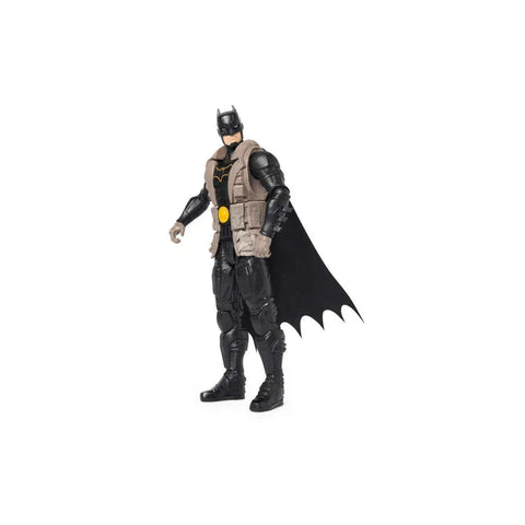 Batman action figure with black suit, brown jacket, yellow belt and cape, collectible toy